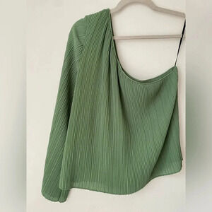 MISA Top Women’s Large One Shoulder Green Blouse Pleated